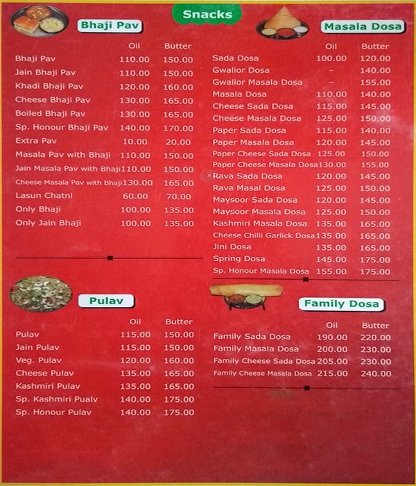 Honour Restaurant menu