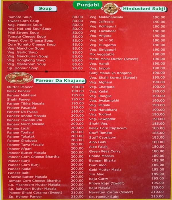 Honour Restaurant menu