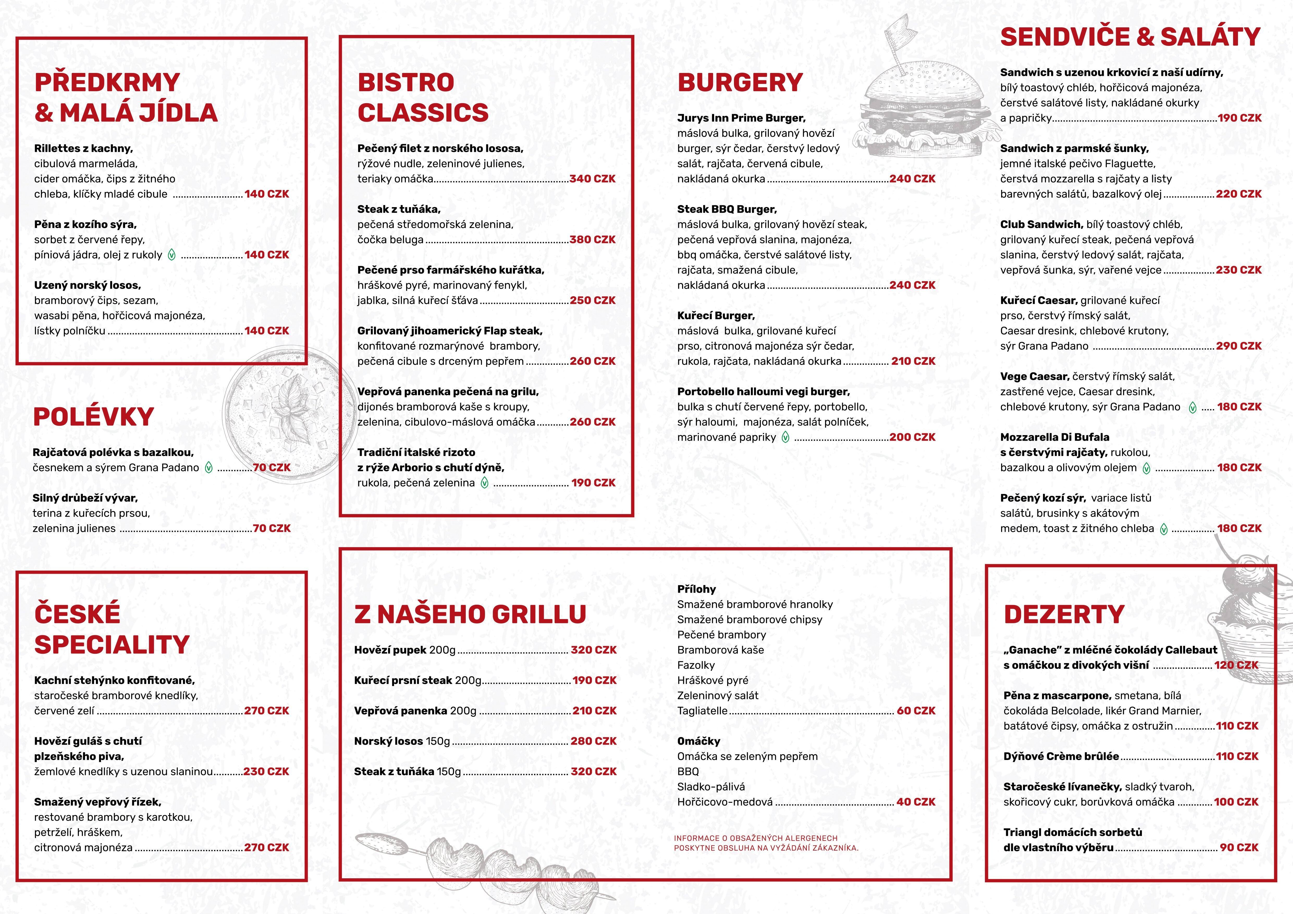 Bistro Jurys Inn menu, Menu restauracji Bistro Jurys Inn, Karlín