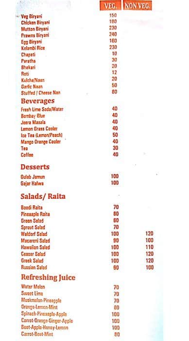 Valuz Kitchen menu