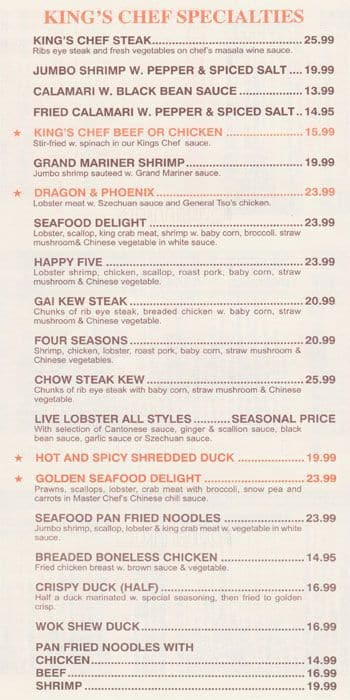 King's Chef Chinese Kitchen, Whitestone Menu