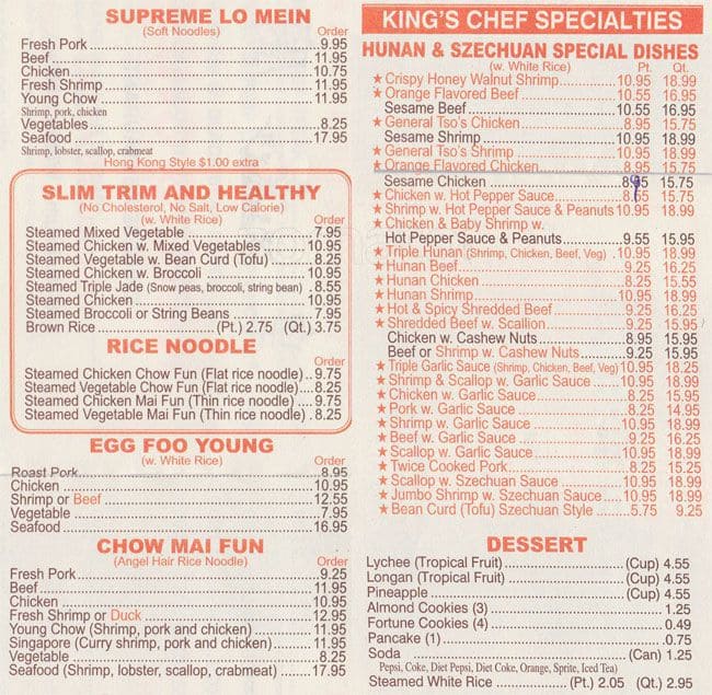 King's Chef Chinese Kitchen, Whitestone Menu