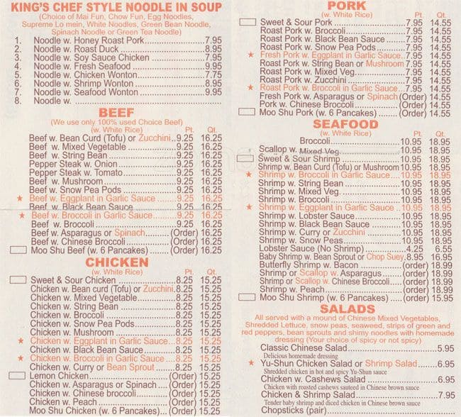 King's Chef Chinese Kitchen, Whitestone Menu