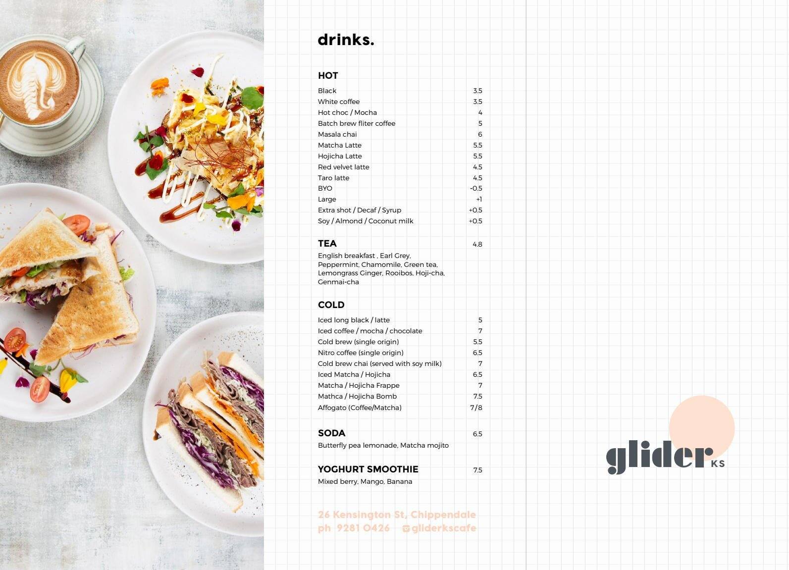 Menu at Glider KS cafe, Chippendale, 26 Kensington St