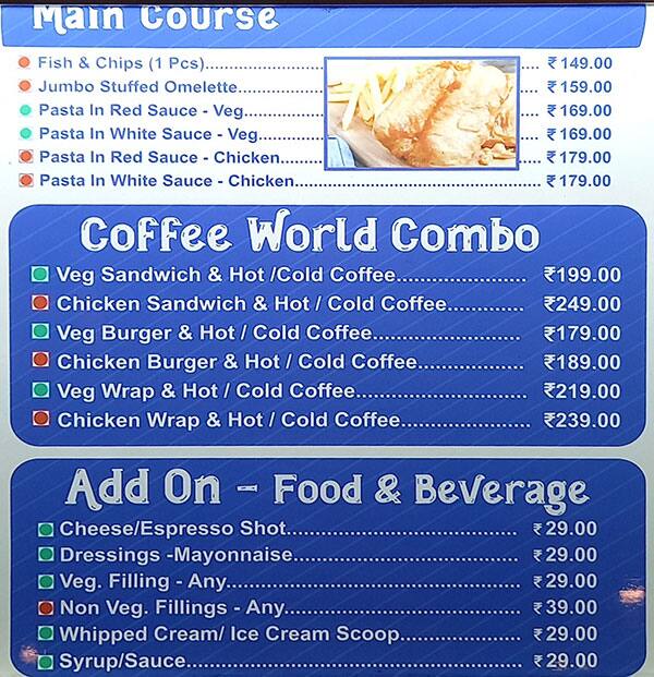 Coffee World Menu, Menu for Coffee World, Avani Riverside Mall