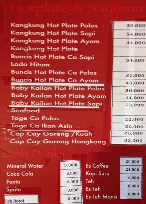 Menu at Bakmi Permata restaurant, Jakarta, Jln. M.H. Thamrin No. 11