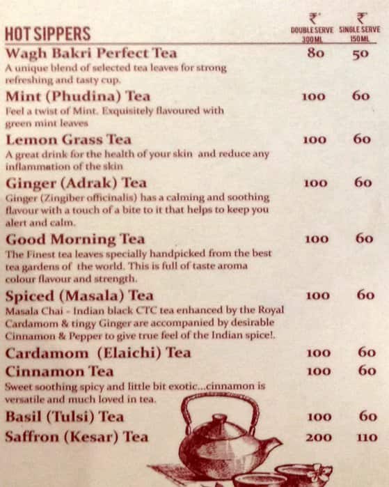 Menu at Wagh Bakri Tea Lounge, New Delhi, 2425