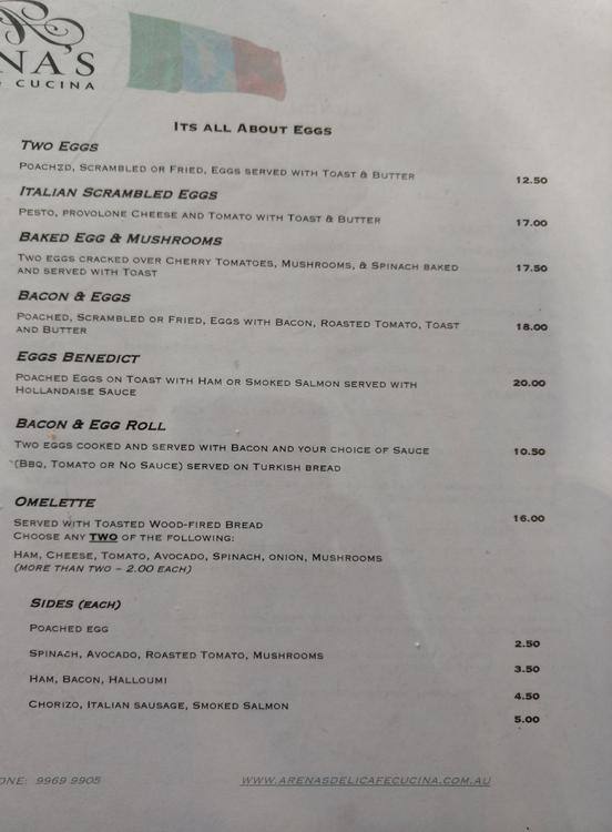 Carta de Arena's Deli Cafe e Cucina