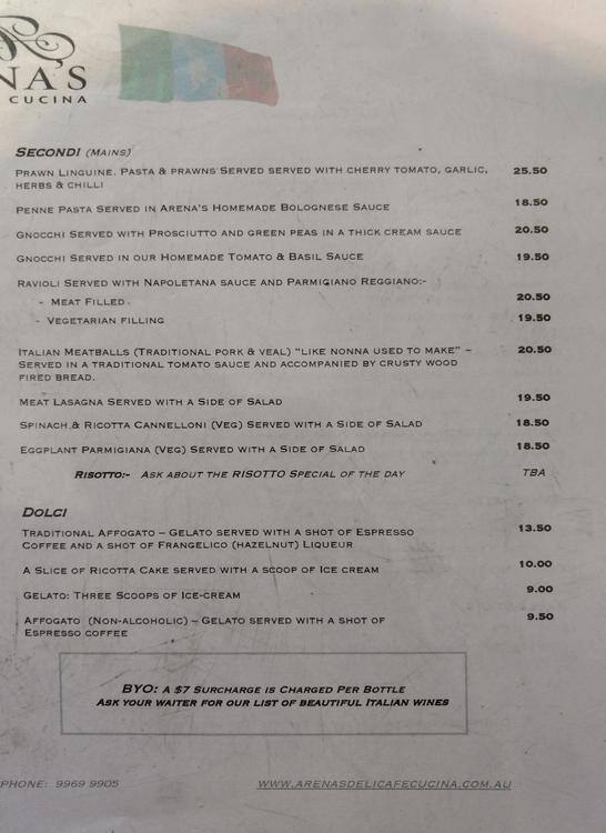 Carta de Arena's Deli Cafe e Cucina