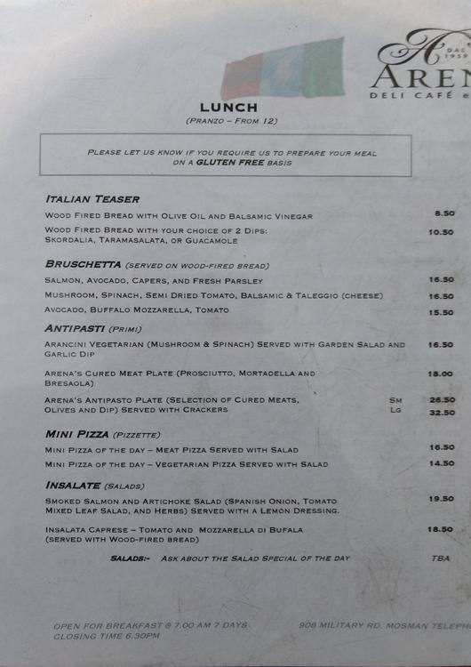 Carta de Arena's Deli Cafe e Cucina