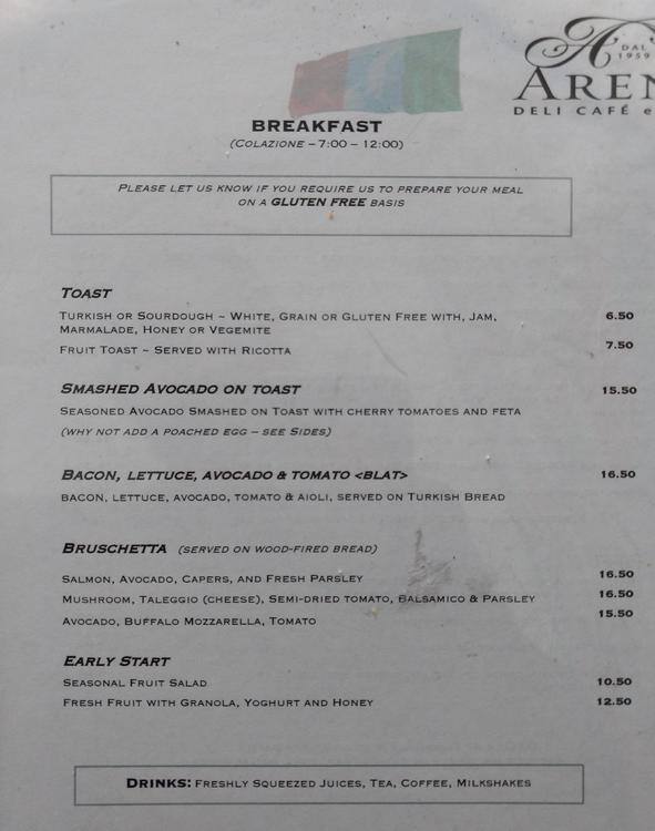 Carta de Arena's Deli Cafe e Cucina