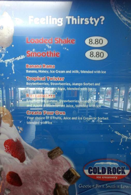 Carta de Cold Rock Ice Creamery