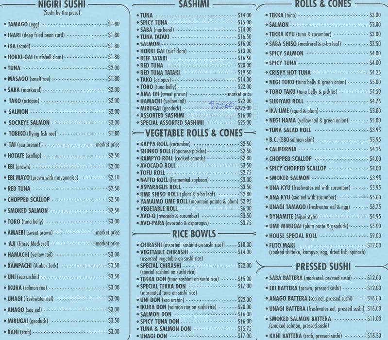 Menu at Sushi Bar Ajisai, Vancouver