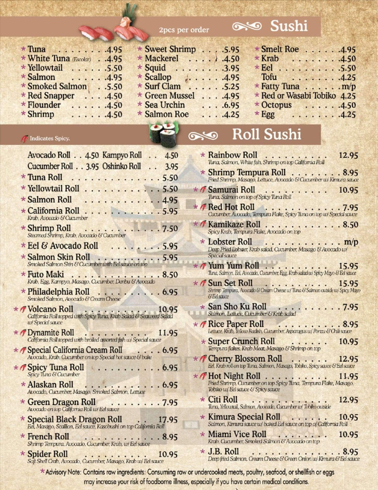 Menu at Kimura Japanese Steak & Seafood restaurant, Boynton Beach