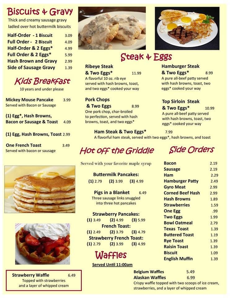 Menu at Zack's Diner restaurant, Fort Branch
