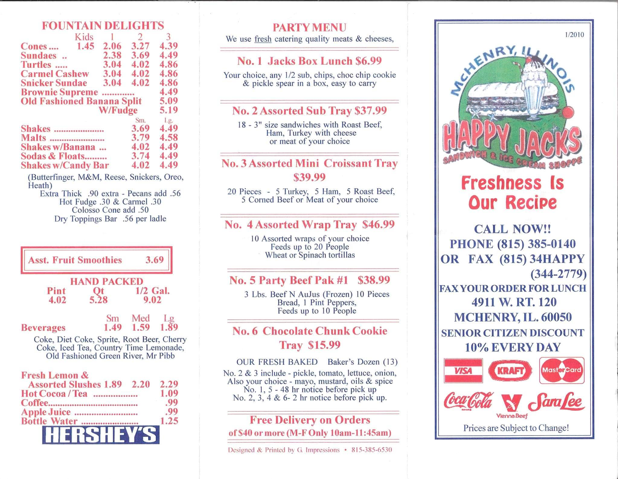 Menu at Happy Jack's restaurant, McHenry