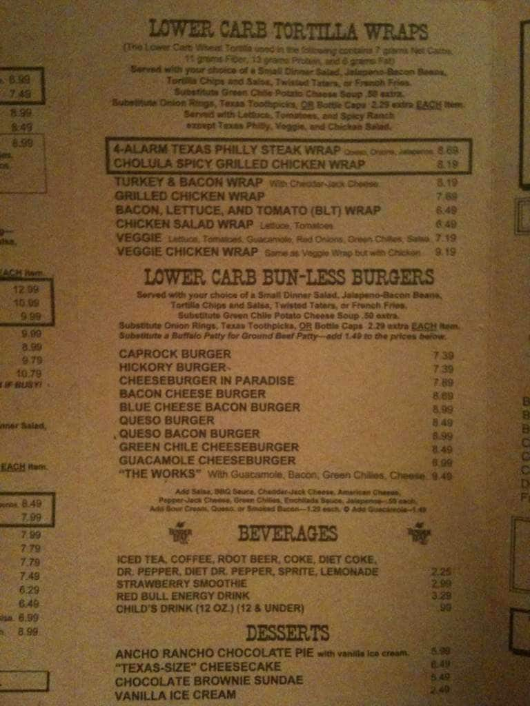 Menu at CapRock Cafe, Lubbock, 34th St