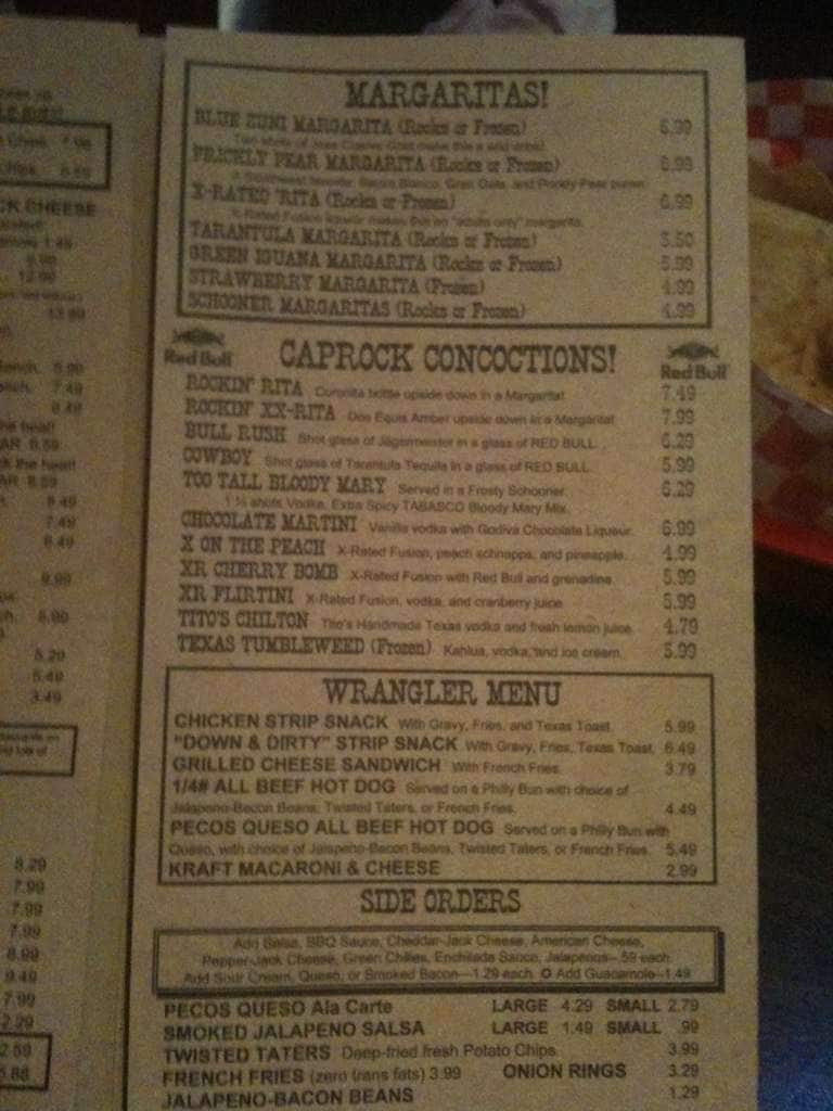 Menu at CapRock Cafe, Lubbock, 34th St