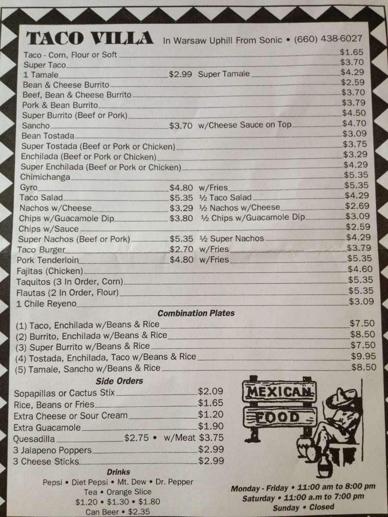 Taco Villa Menu Menu For Taco Villa Warsaw Warsaw