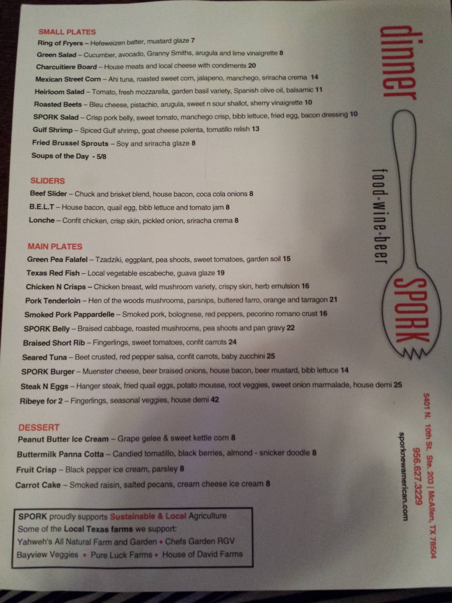 Spork Menu, Menu for Spork, McAllen, McAllen Urbanspoon/Zomato
