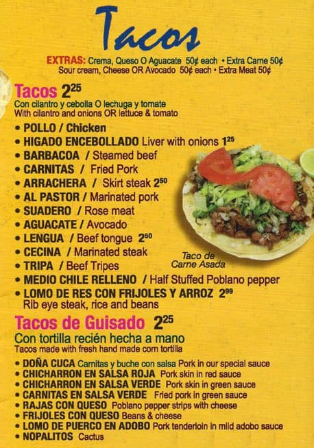 Menu at Carniceria Aguascalientes restaurant, Chicago, W 26th St