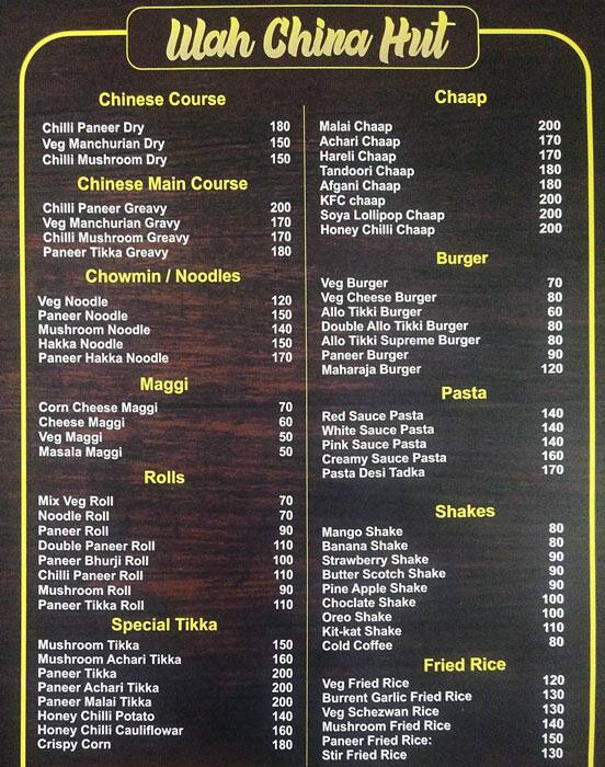 Menu Of Wah China Hut, Phase 5, Mohali