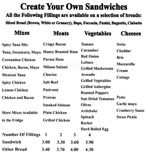 Menu at Piccolo Deli cafe, London