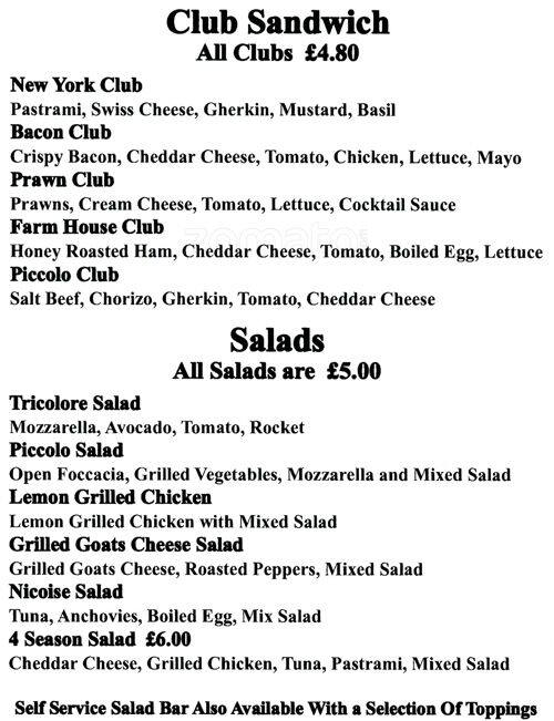 Menu at Piccolo Deli cafe, London