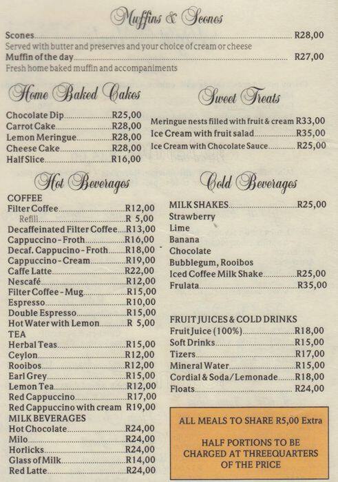 Menu at Cherubs cafe, Johannesburg