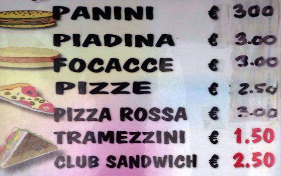 Menu di bar tabacchi LaPiramide 