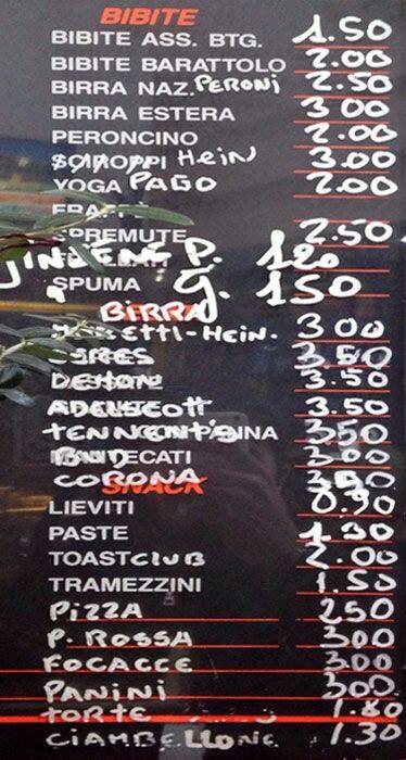 Menu di bar tabacchi LaPiramide 