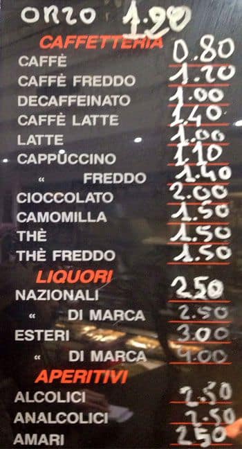 Menu di bar tabacchi LaPiramide 