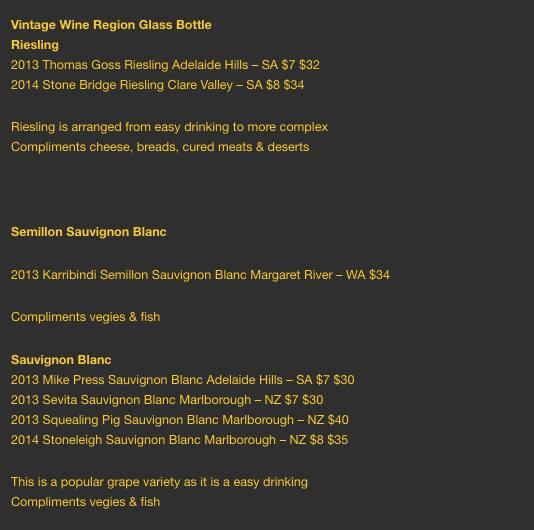 Menu at Dimples Essendon club, Essendon