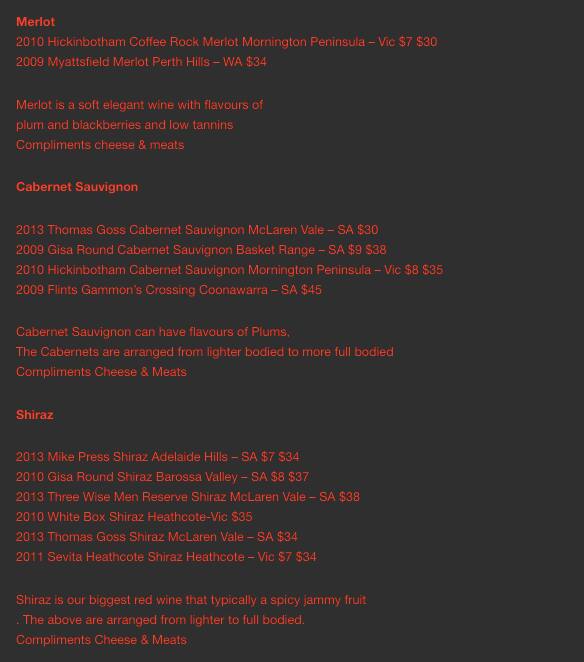 Menu at Dimples Essendon club, Essendon