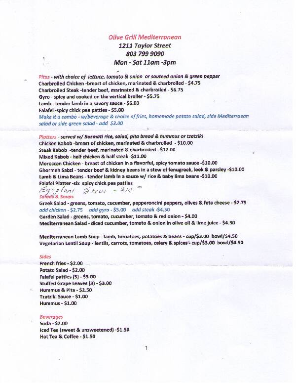 Olive Grill Mediterranean Menu Urbanspoon/Zomato