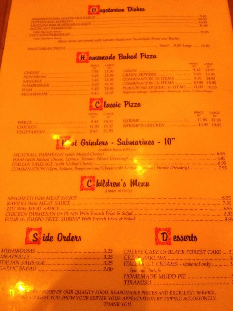 Menu at Porto-Fino Restaurant, Daytona Beach Shores