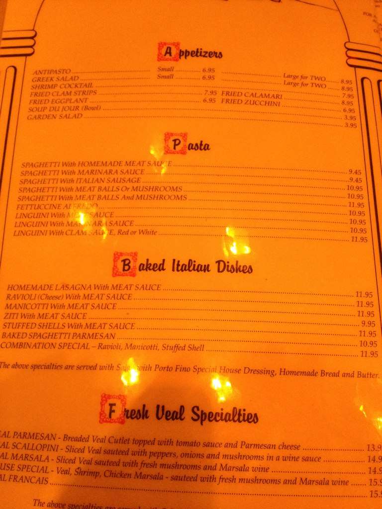 Menu at Porto Fino pizzeria, Daytona Beach Shores