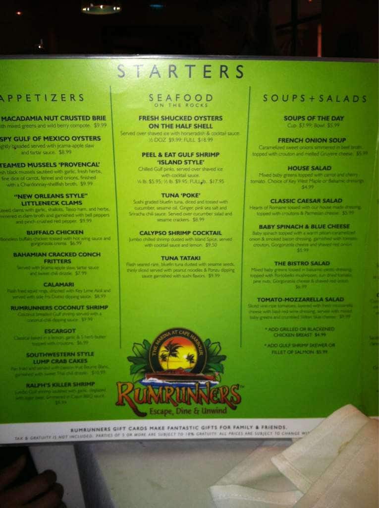Menu at Rumrunners steakhouse, Cape Coral, Cape Harbour Dr