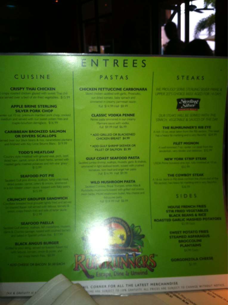 Menu at Rumrunners steakhouse, Cape Coral, Cape Harbour Dr