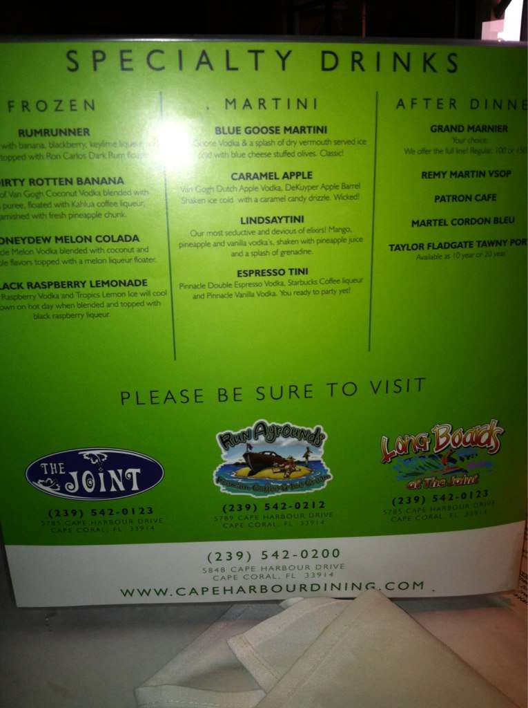 Menu at Rumrunners steakhouse, Cape Coral, Cape Harbour Dr