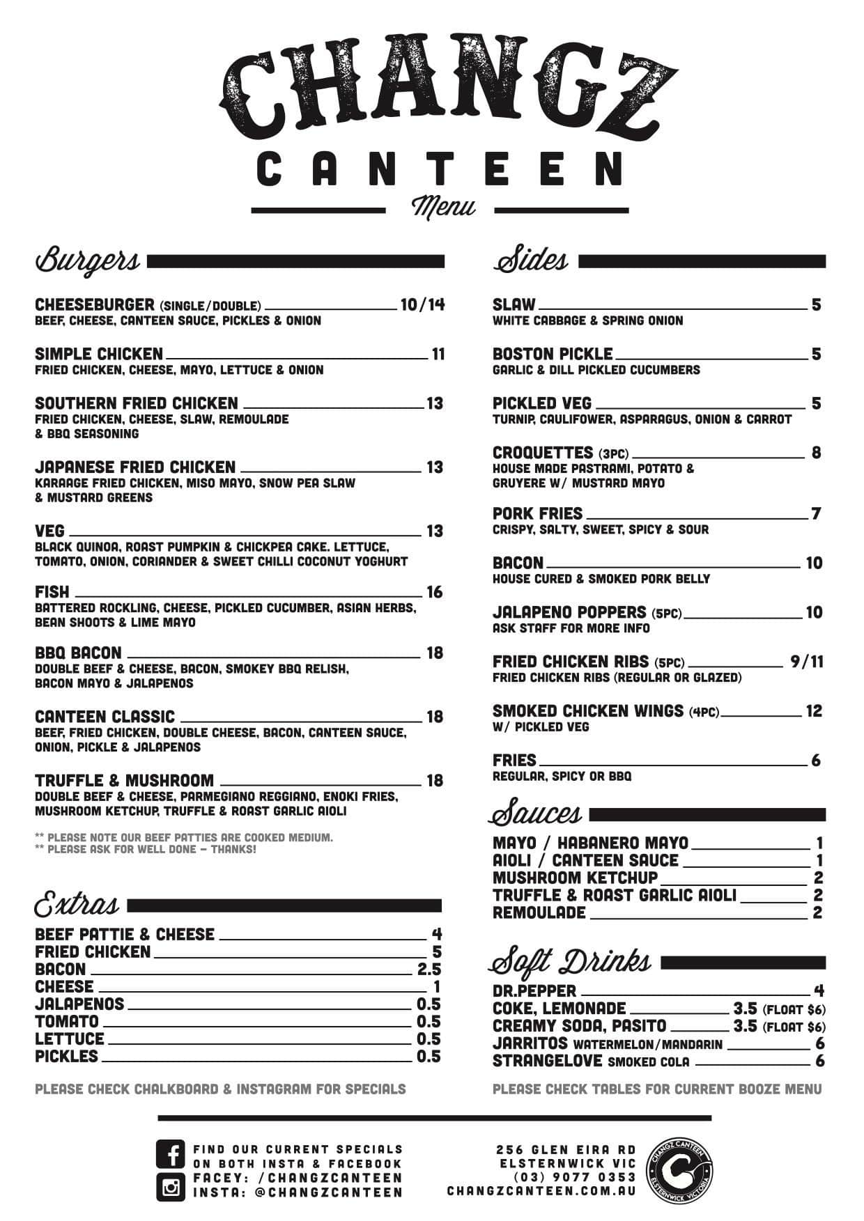 Changz Canteen Menu, Menu for Changz Canteen, Elsternwick, Melbourne