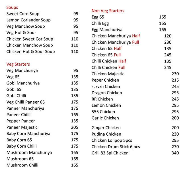 Menu of Grill 83 Restaurant, A S Rao Nagar, Secunderabad