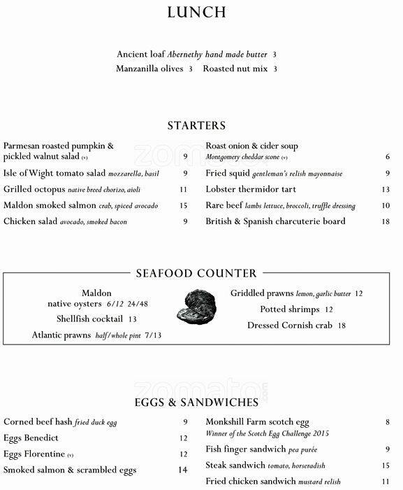 Menu at The Gin Bar, London