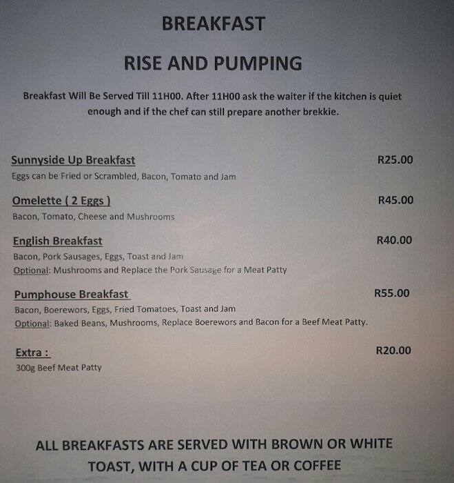 Pumphouse Bar & Restaurant Menu Zomato SA