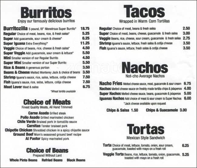 Iguanas Menu, Menu de Iguanas, Downtown, San Jose Urbanspoon/Zomato