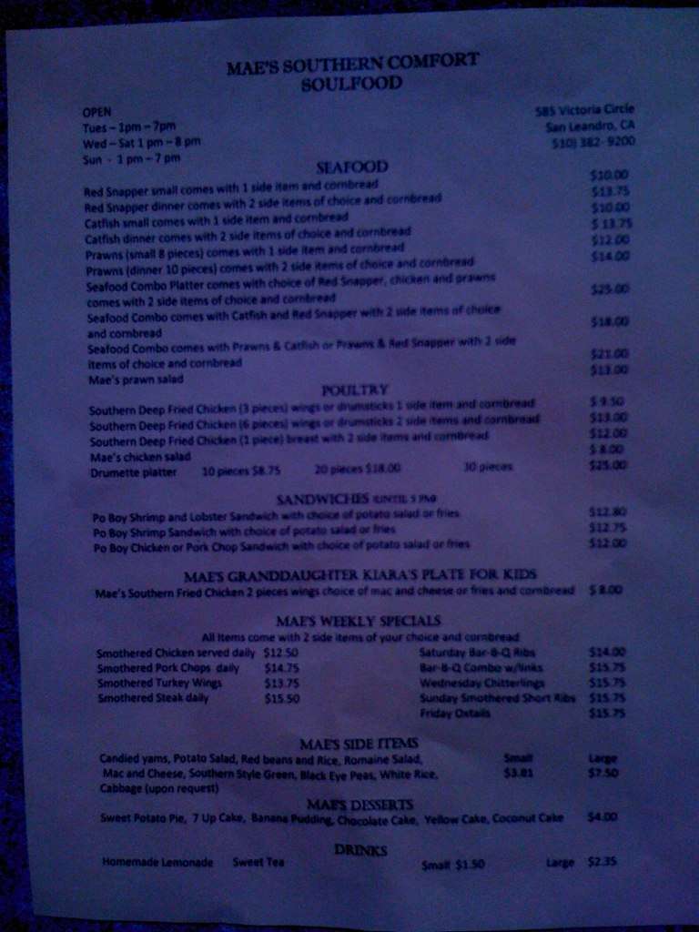 Mae S Southern Comfort Menu Menu For Mae S Southern Comfort San