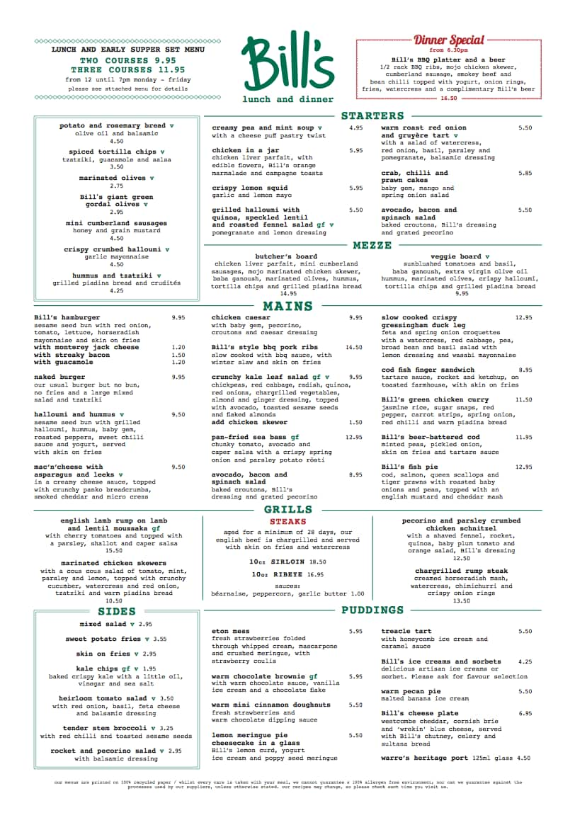 Menu At Bills Welwyn Garden City Restaurant Welwyn Garden City