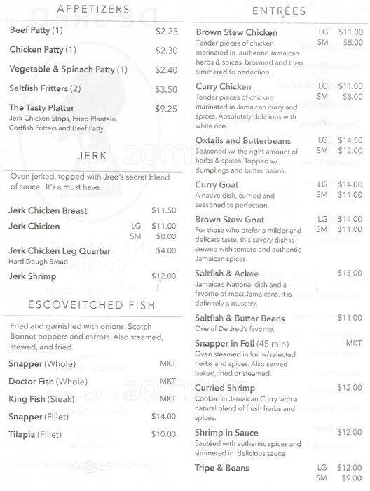 De Jred Fine Jamaican Cuisine Menu Urbanspoon/Zomato