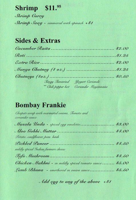Menu at Chapati House restaurant, New York City