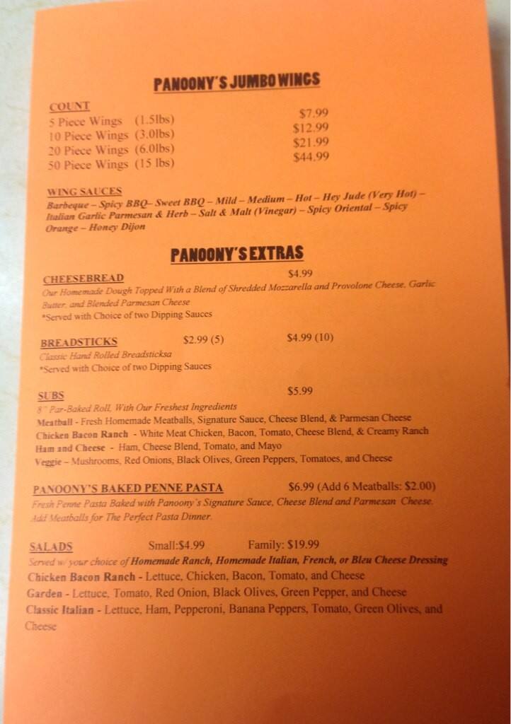 Menu at Panoony's Pizza pizzeria, Brownsburg